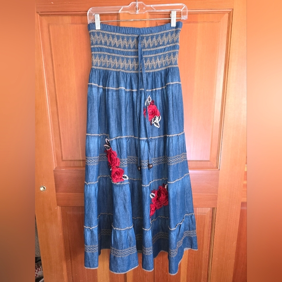 Lapis Dresses & Skirts - Anthropologie Lapis Embroidered Denim Skirt with Red Floral Accents Size M